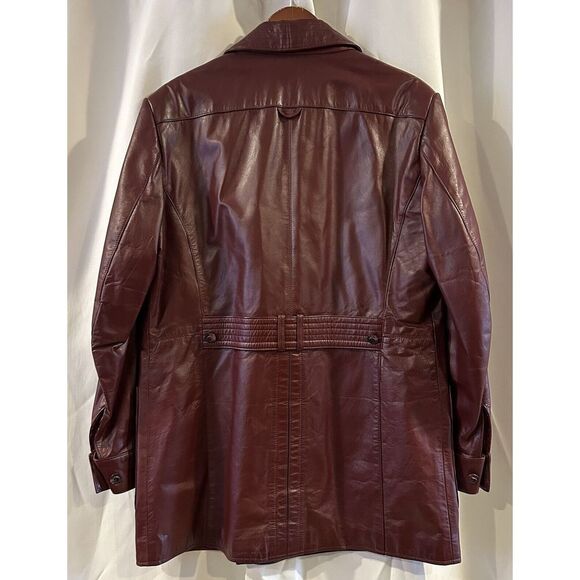 Vtg Etienne Aigner OXBLOOD Leather Double Breasted NORFOLK Belted Back Jacket 42 - Picture 4 of 7